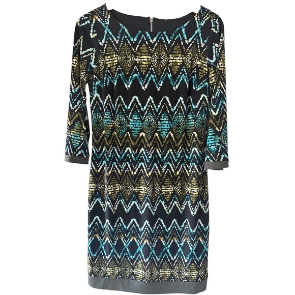 Donna Ricco Dresses & Skirts - Donna Ricco Womens Size 8 Shift Dress Black Teal Gold Geometric 3/4 Sleeve